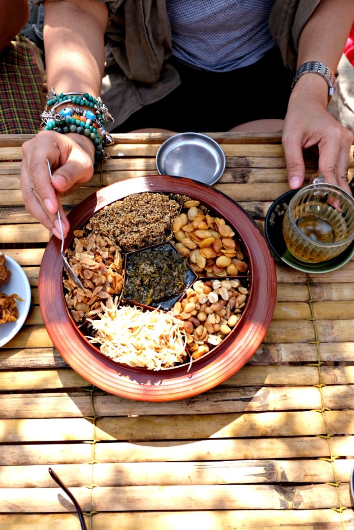 tea and tea leaves pickled with garlic and salt