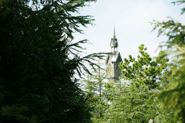 The Wizarding World of Harry Potter Foto dari kejauhan dan keliatan menara dari sela-sela pepohonan